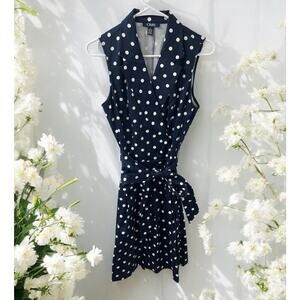 NWT Size 12 CHAPS Navy Blue &‎ White Polka Dot Dress Sleeveless Retro Stretch